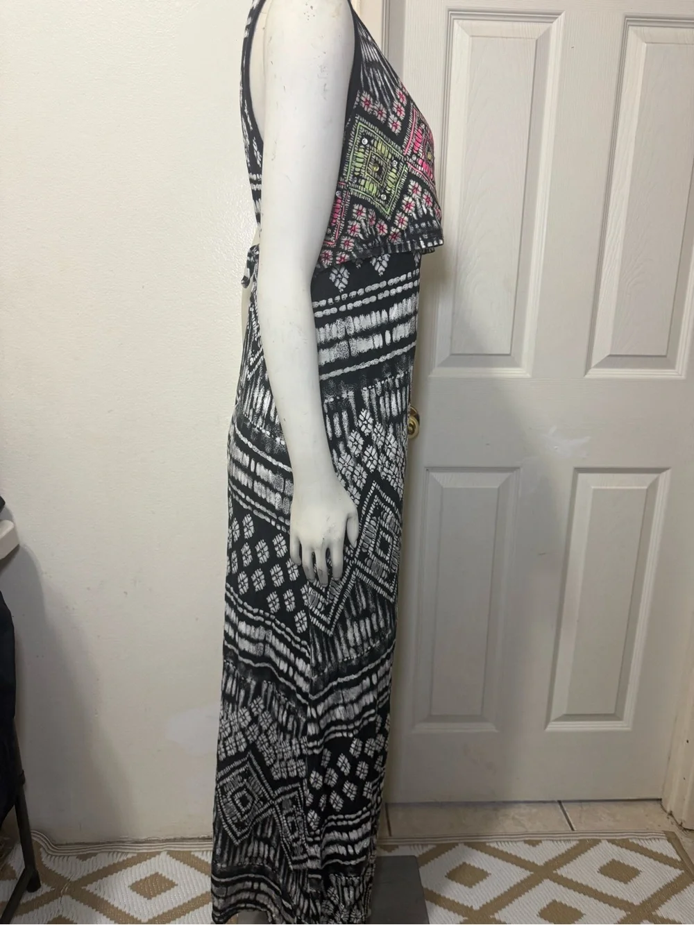 Justice Black/White Geometric Scoop Neck Layered Stretch Maxi Dress Teens 18